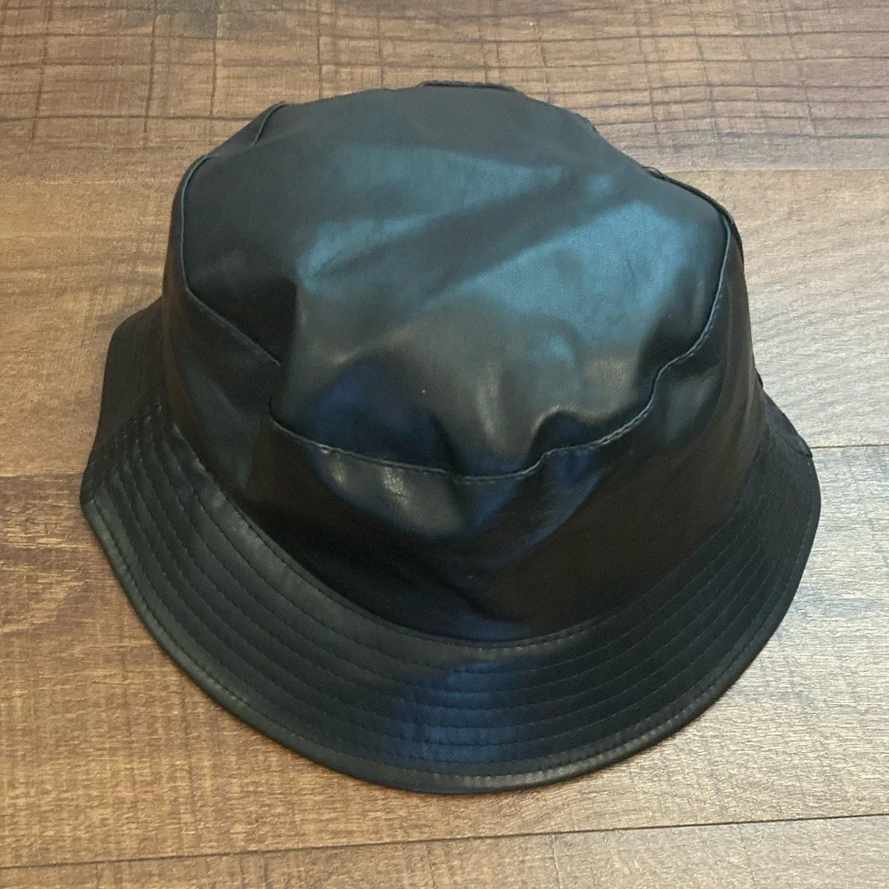 Edgy Black Faux Leather Bucket Hat Adjustable Vegan Leather EUC Unisex OSFM